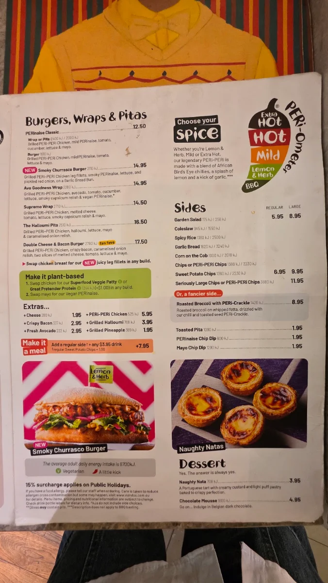 Menu, Nando's Chadstone