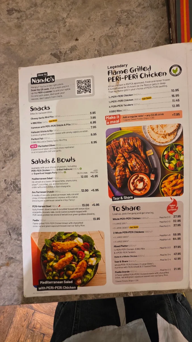 Menu, Nando's Chadstone