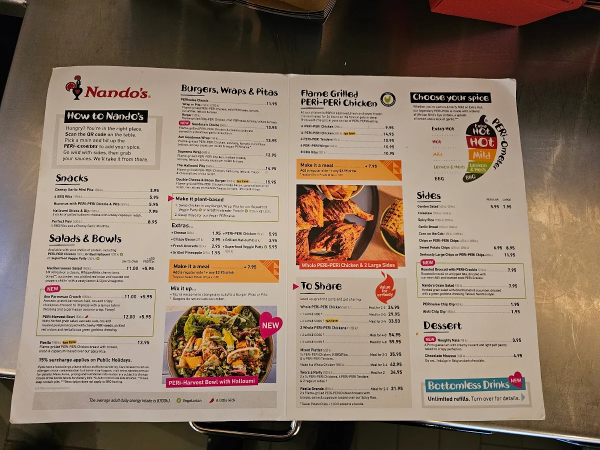 Menu, Nando's Chadstone