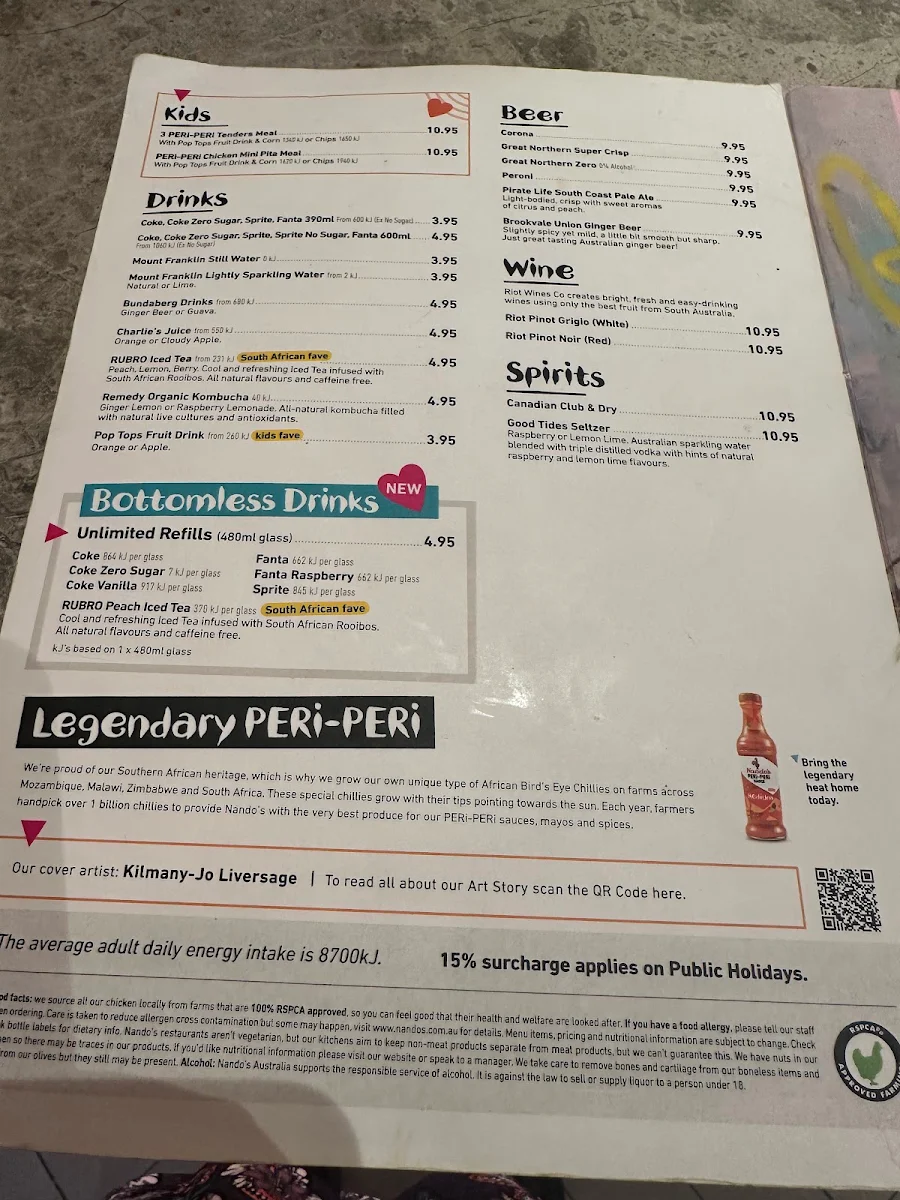 Menu, Nando's Chadstone