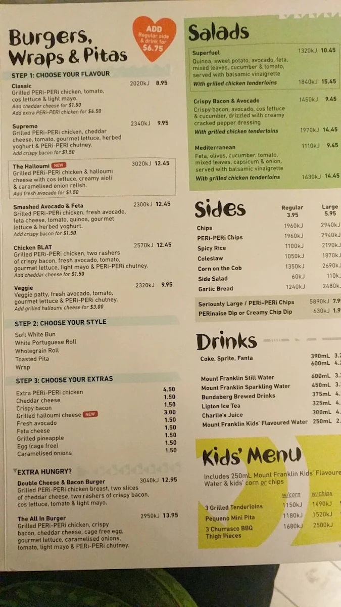 Menu, Nando's Chadstone
