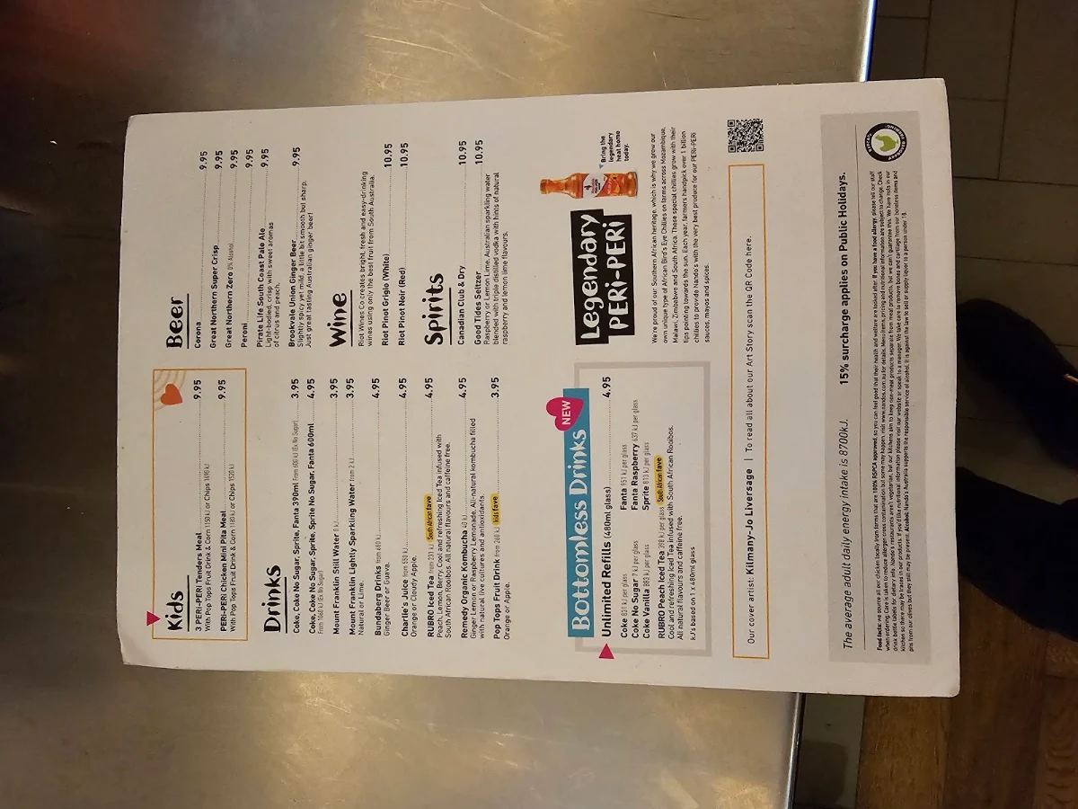 Menu, Nando's Chadstone