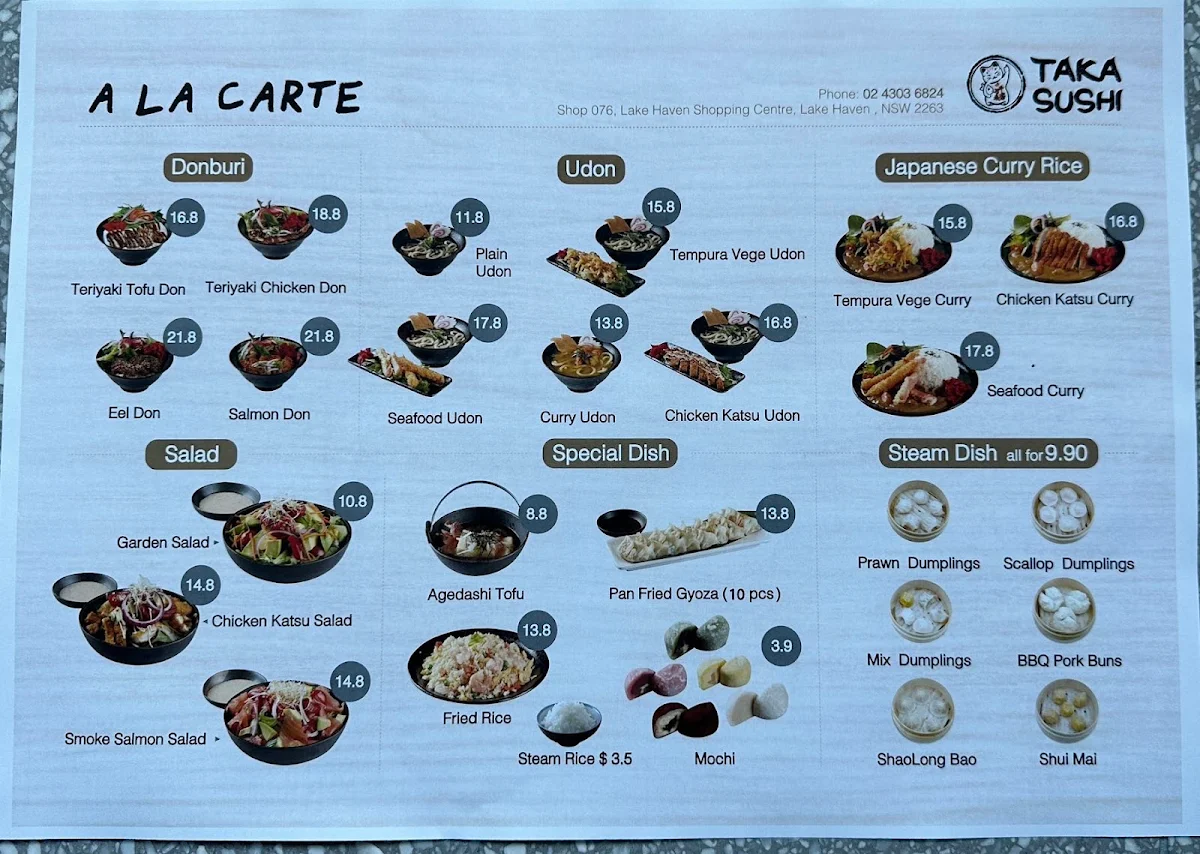Menu, Taka Sushi Lake Haven