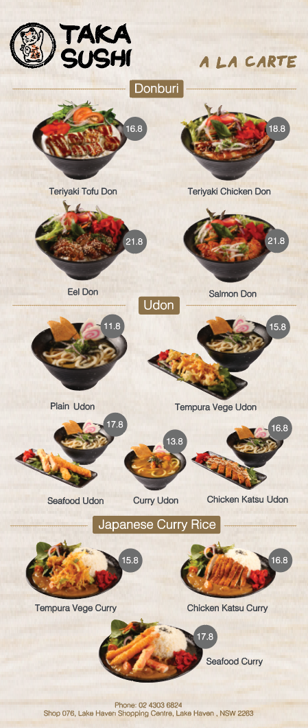 Menu, Taka Sushi Lake Haven