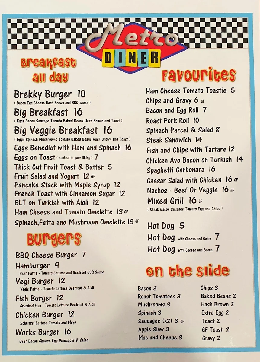 Menu, Metro Diner Taree