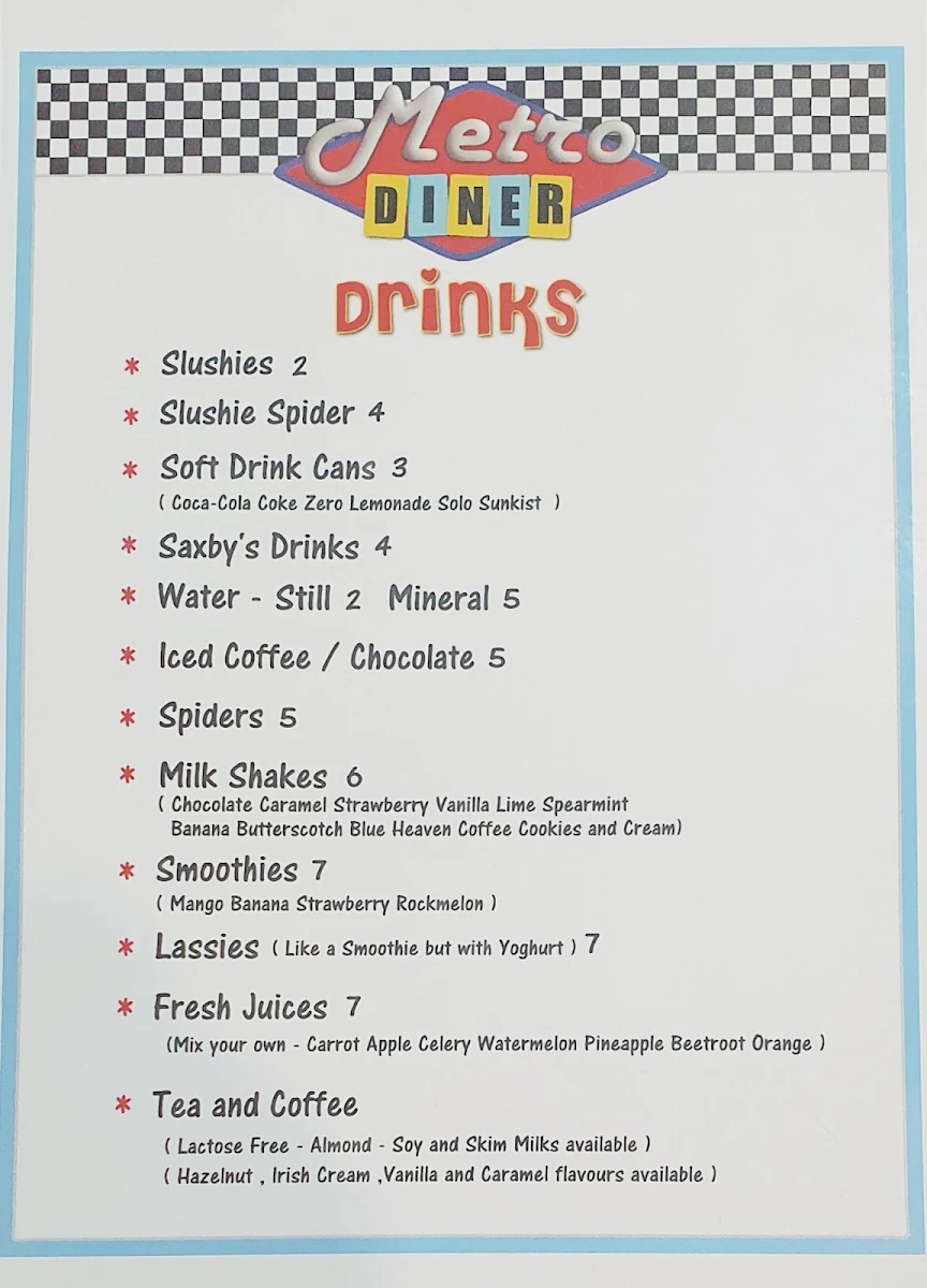 Menu, Metro Diner Taree