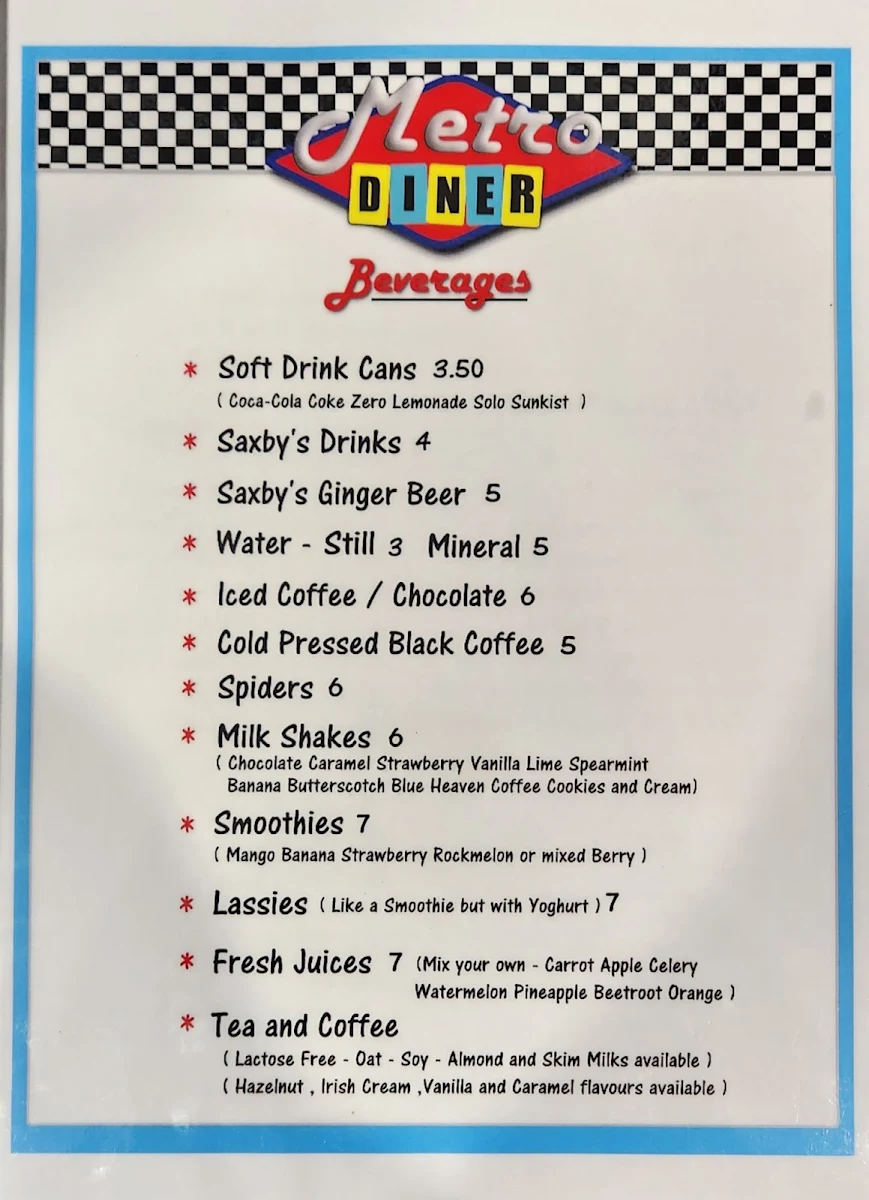 Menu, Metro Diner Taree