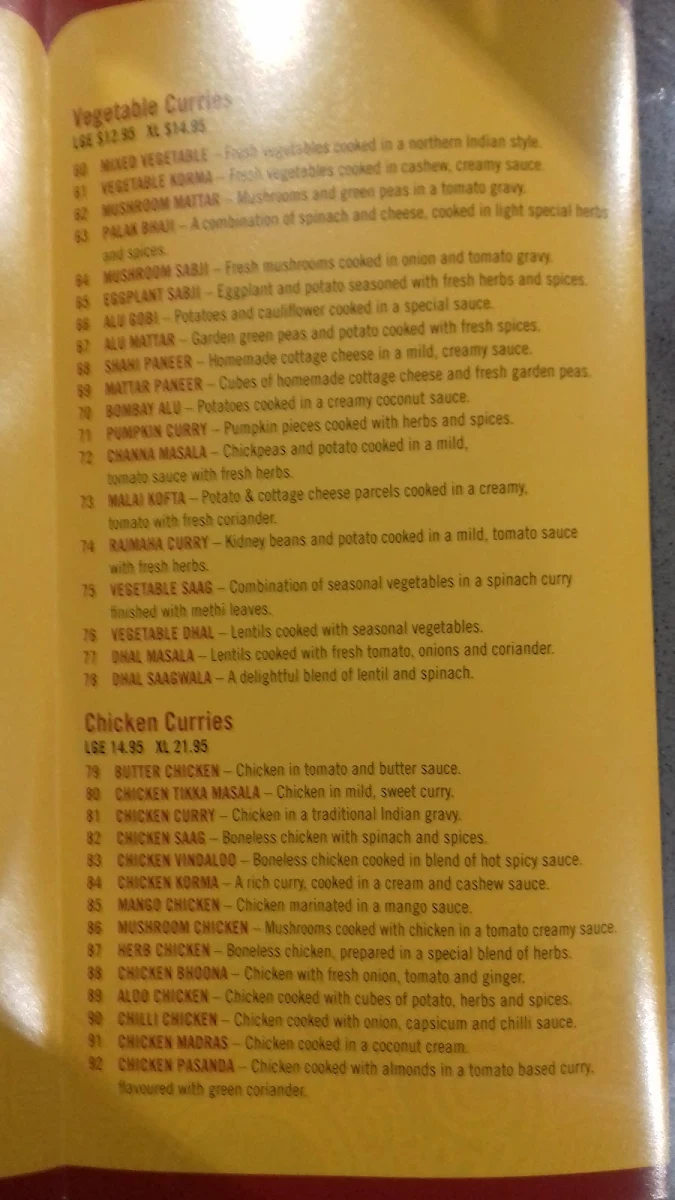 Menu, Indian Brothers Restaurant