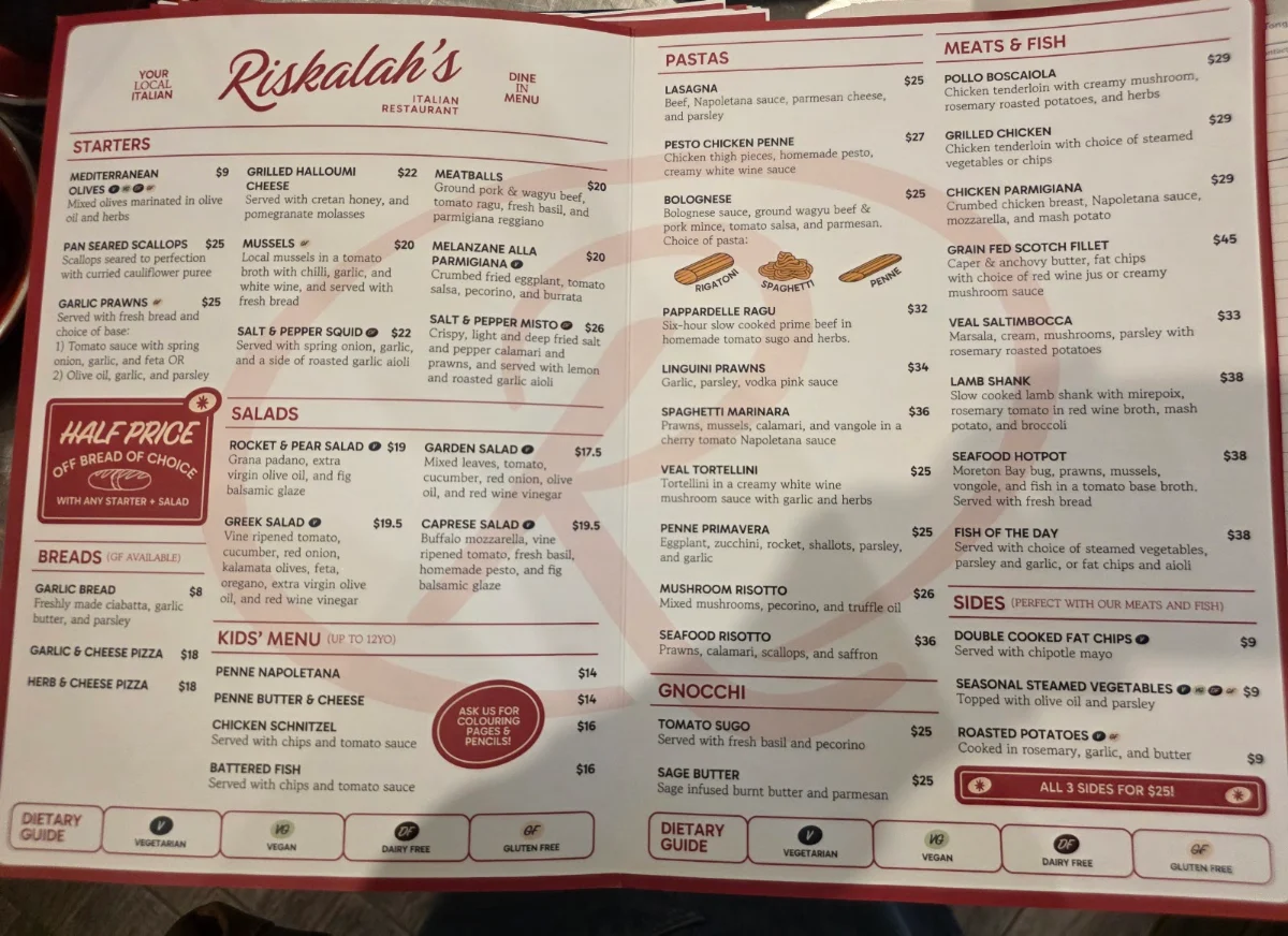 Menu, Riskalah's Italian Restaurant