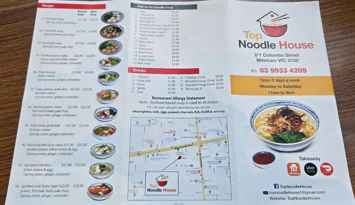 Menu, Top Noodle House