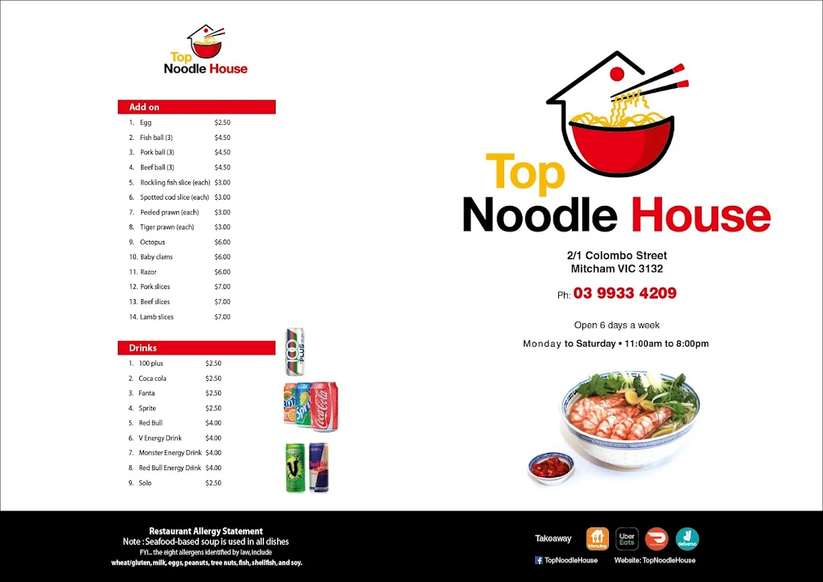 Menu, Top Noodle House