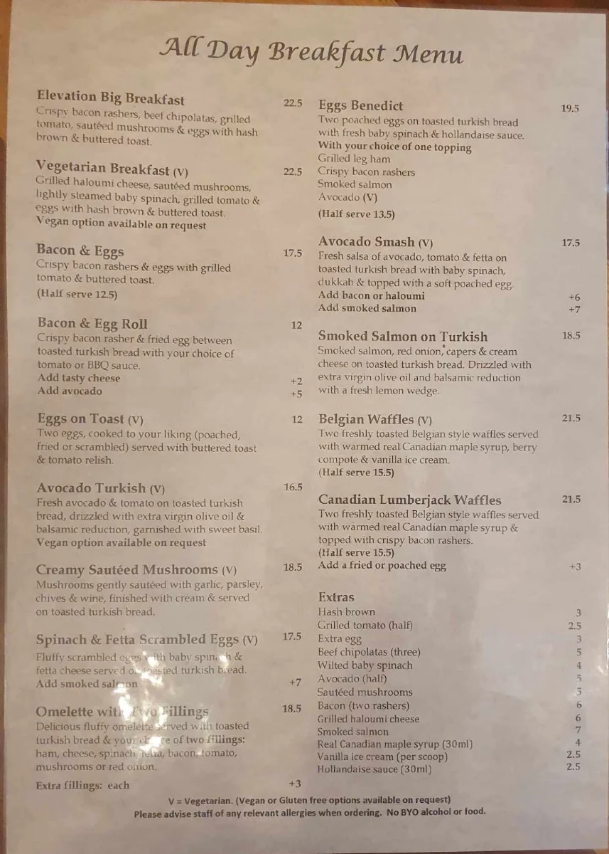 Menu, Elevation Cafe