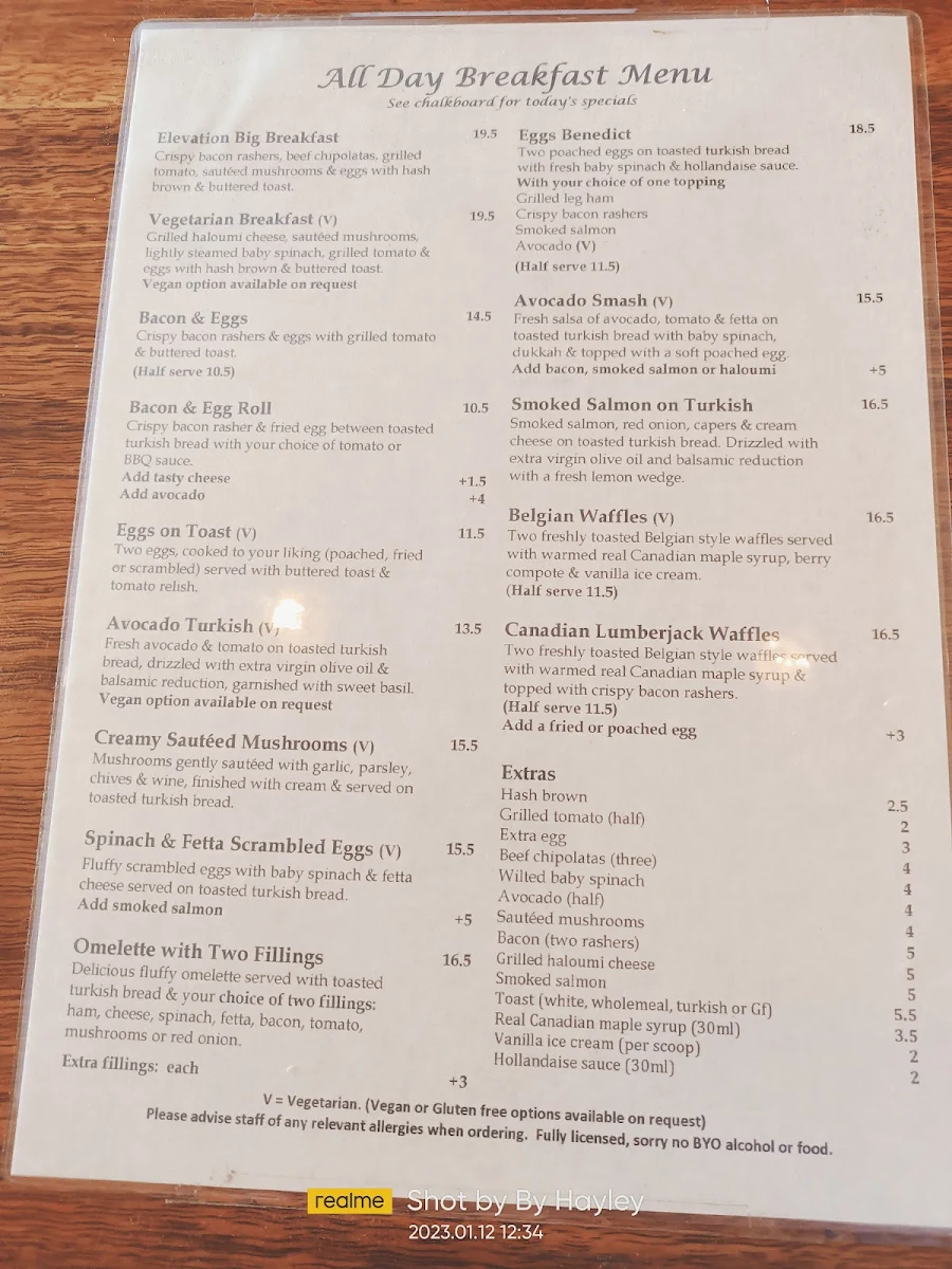 Menu, Elevation Cafe