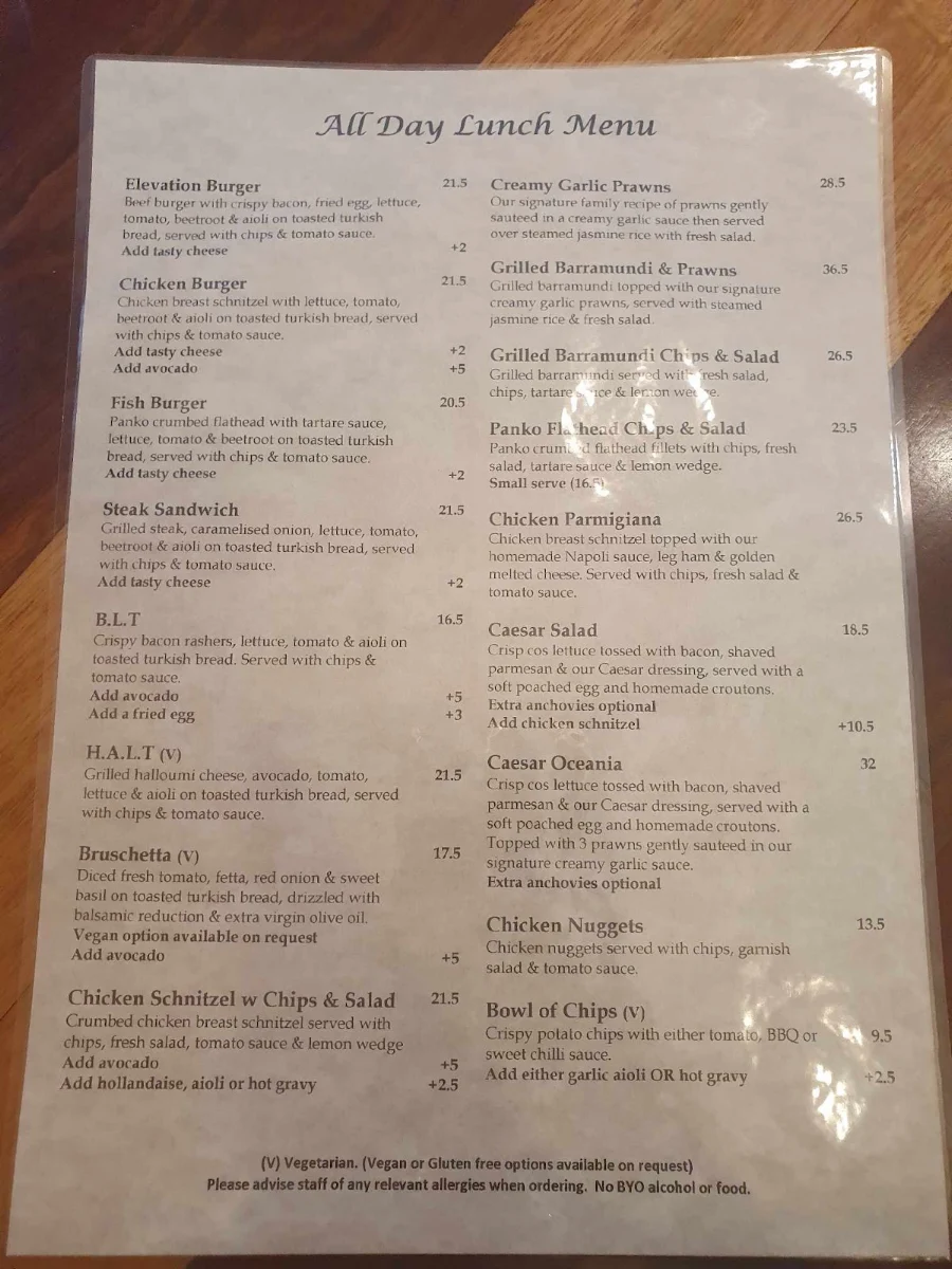 Menu, Elevation Cafe