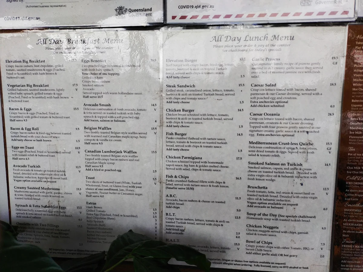 Menu, Elevation Cafe