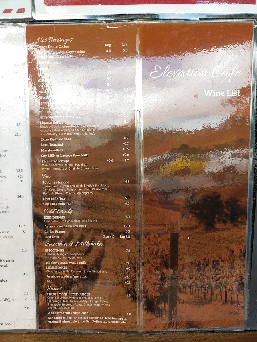 Menu, Elevation Cafe