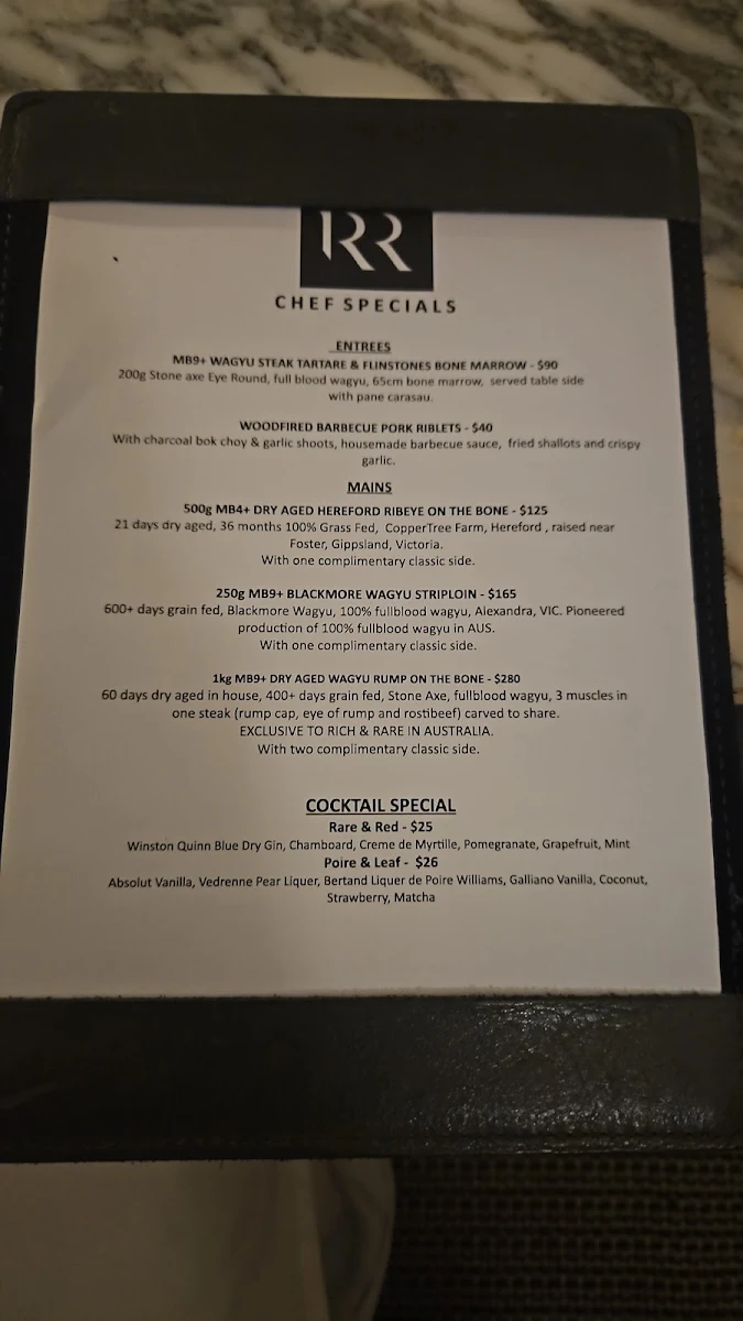 Menu, Rich & Rare Restaurant