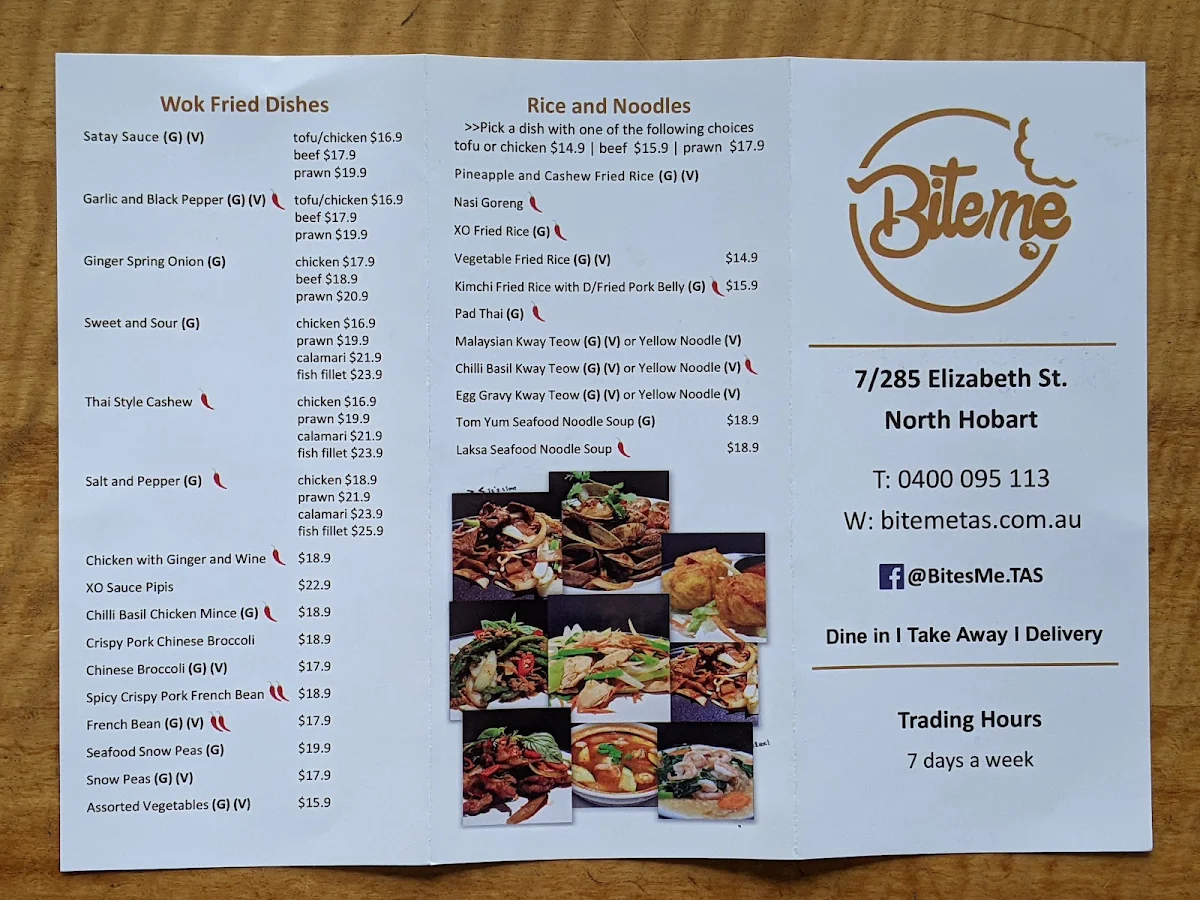 Menu, Bite Me Restaurant TAS