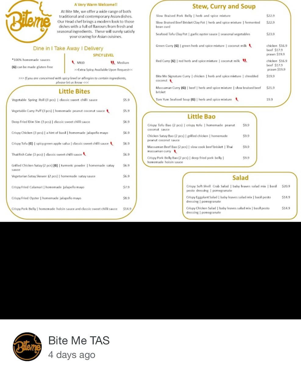 Menu, Bite Me Restaurant TAS