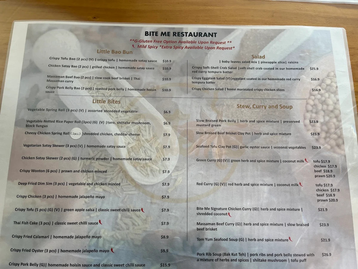 Menu, Bite Me Restaurant TAS