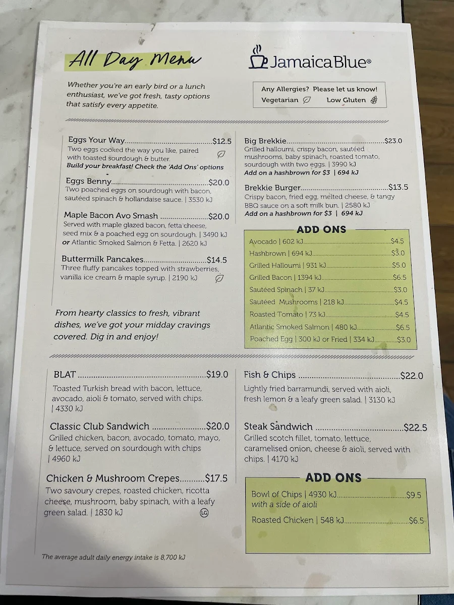 Menu, Jamaica Blue Campbelltown Mall