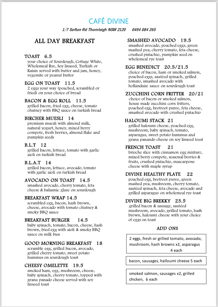 Menu, Cafe Divine