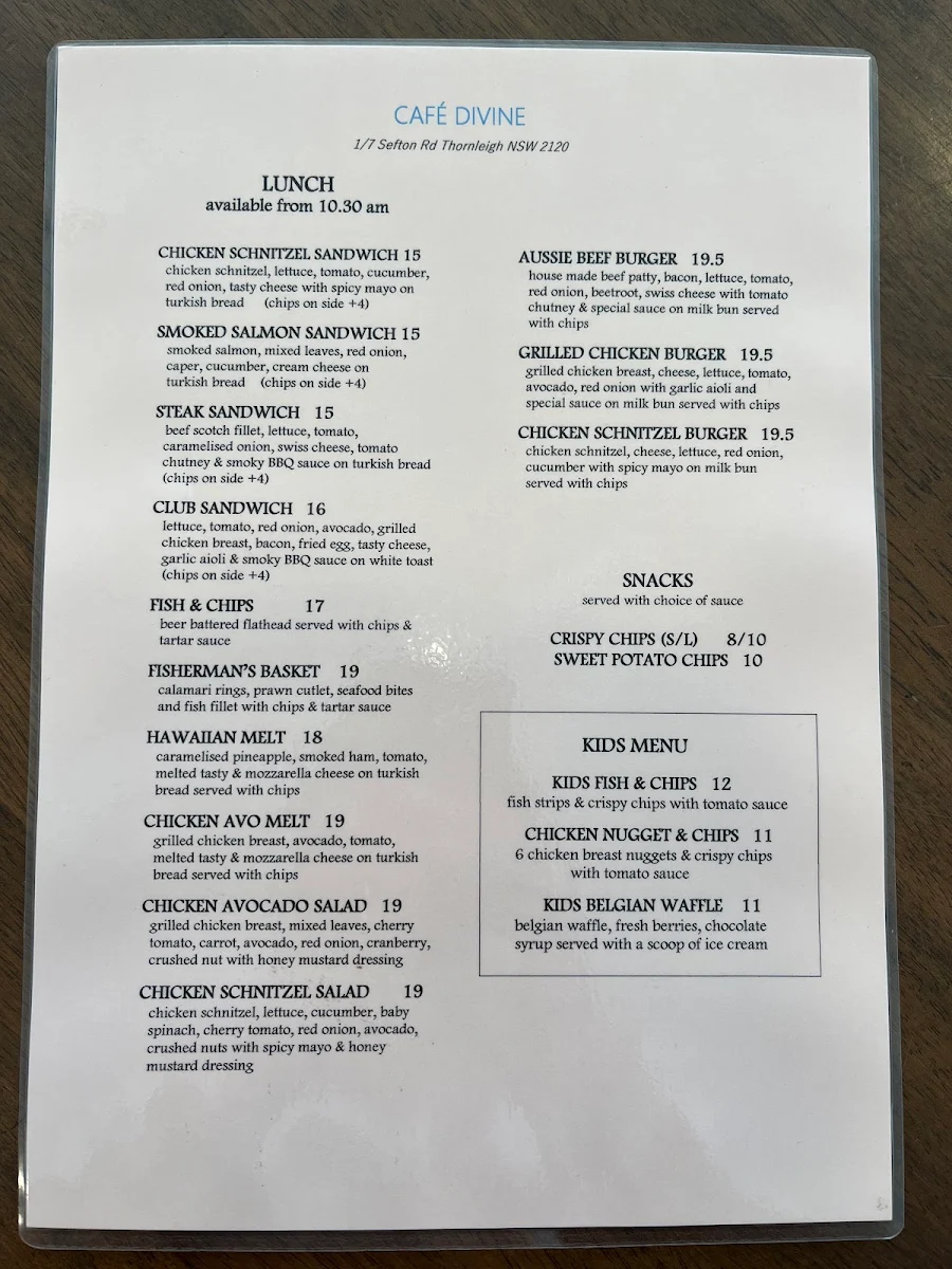 Menu, Cafe Divine