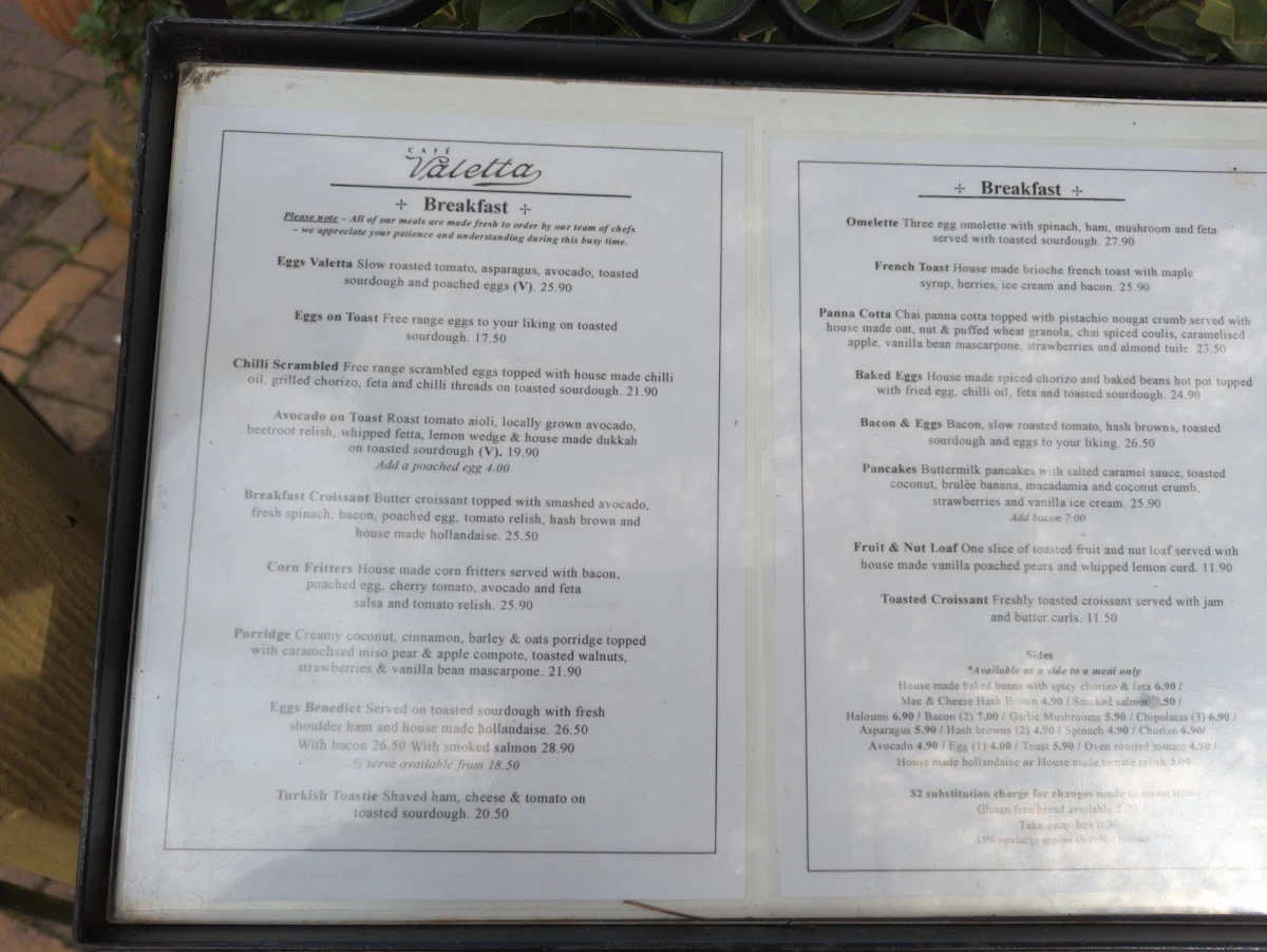 Menu, Cafe Valetta