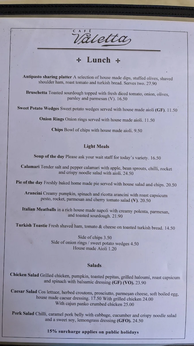 Menu, Cafe Valetta