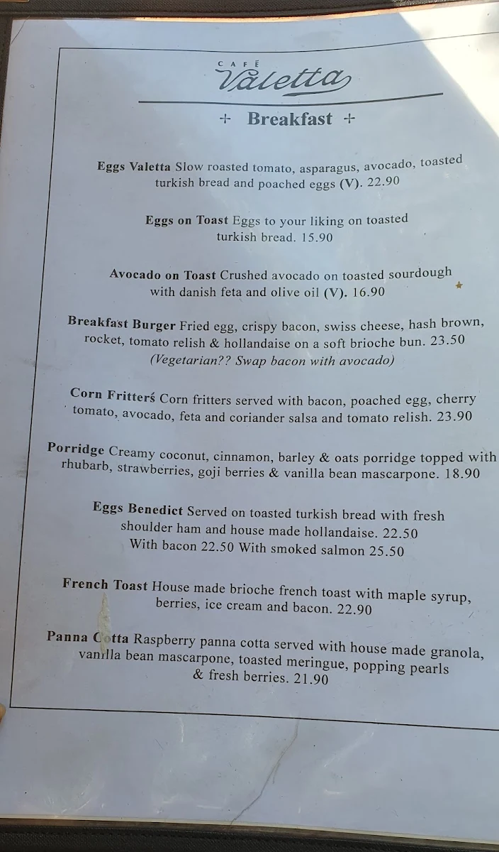 Menu, Cafe Valetta