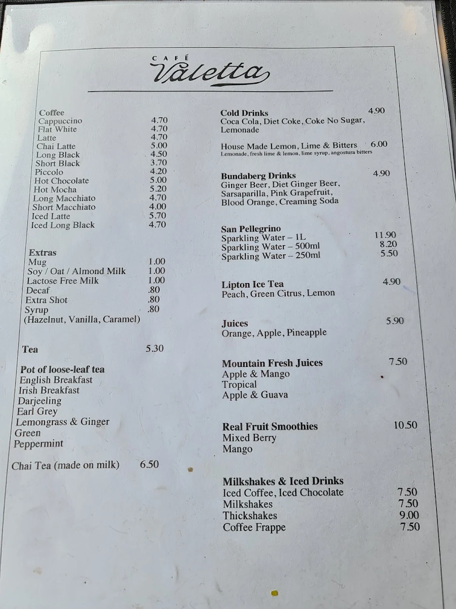 Menu, Cafe Valetta