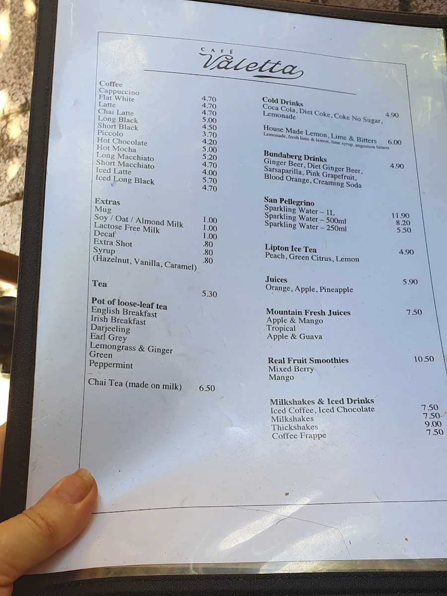 Menu, Cafe Valetta