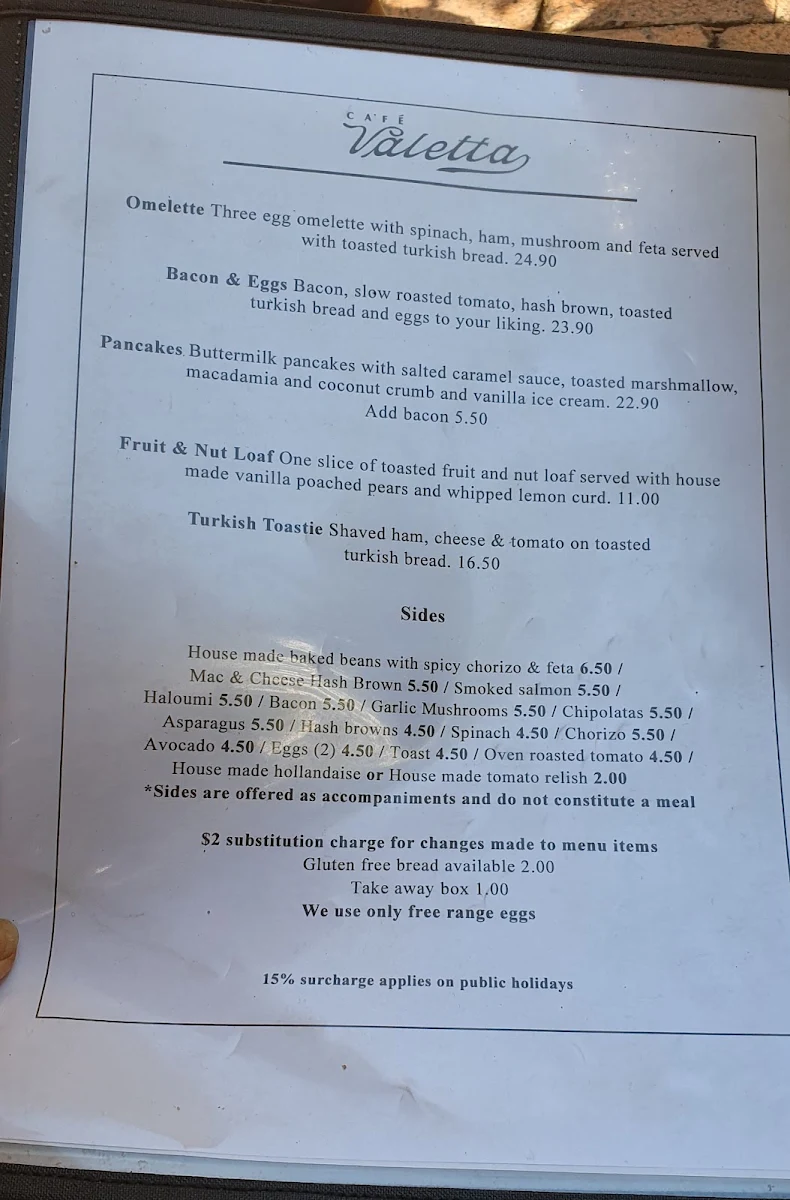 Menu, Cafe Valetta
