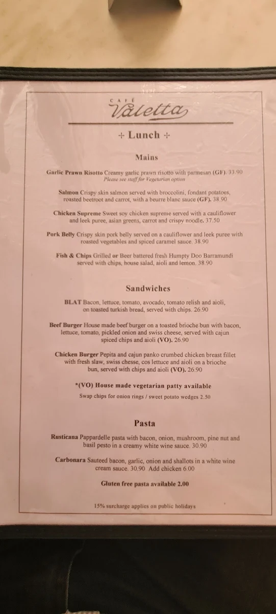 Menu, Cafe Valetta