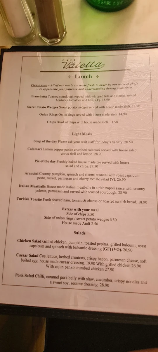 Menu, Cafe Valetta