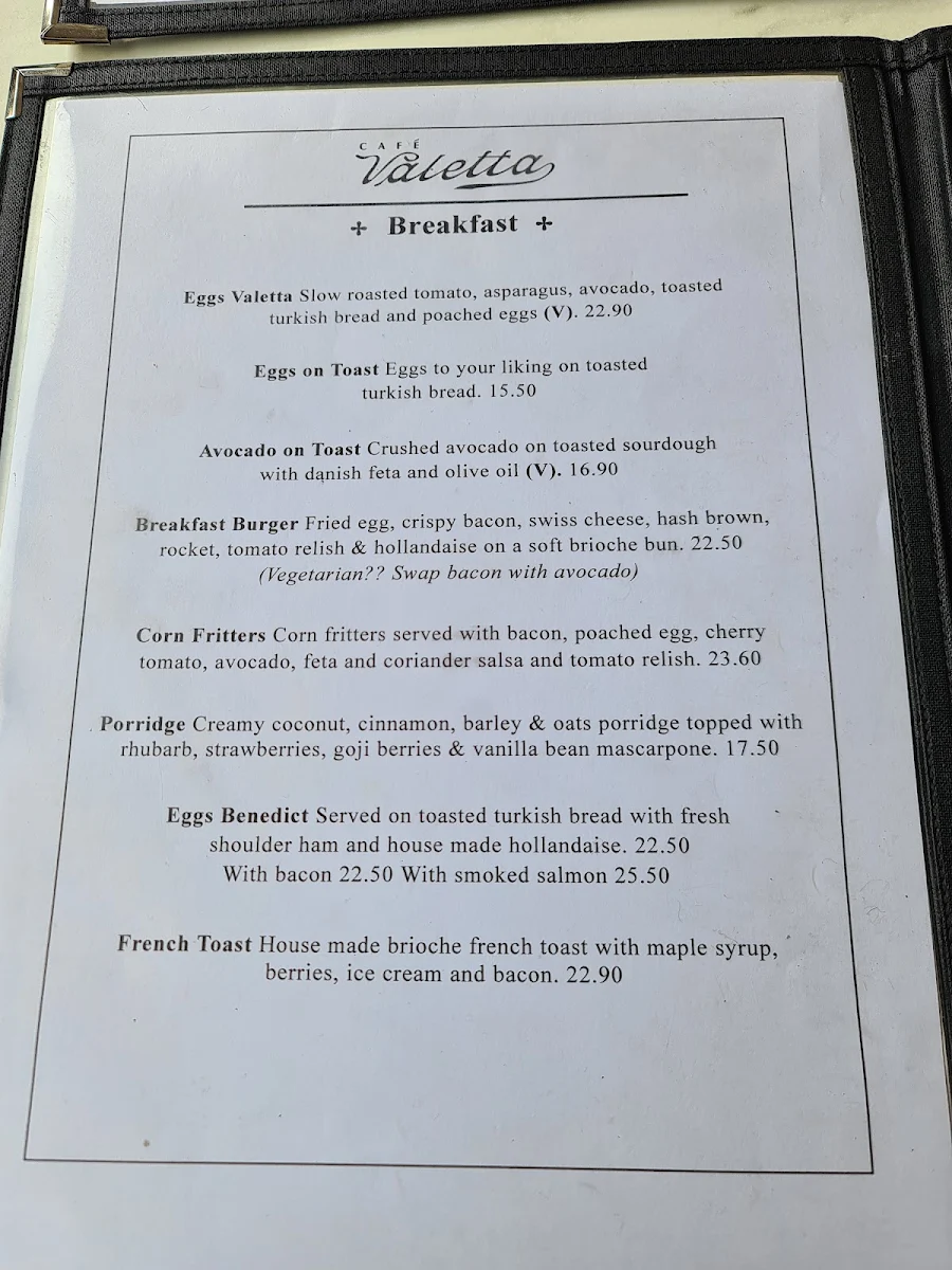 Menu, Cafe Valetta