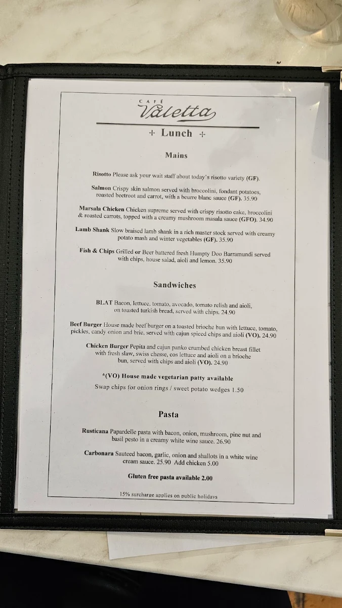 Menu, Cafe Valetta