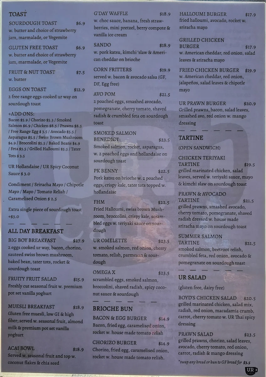 Menu, UR Caffe