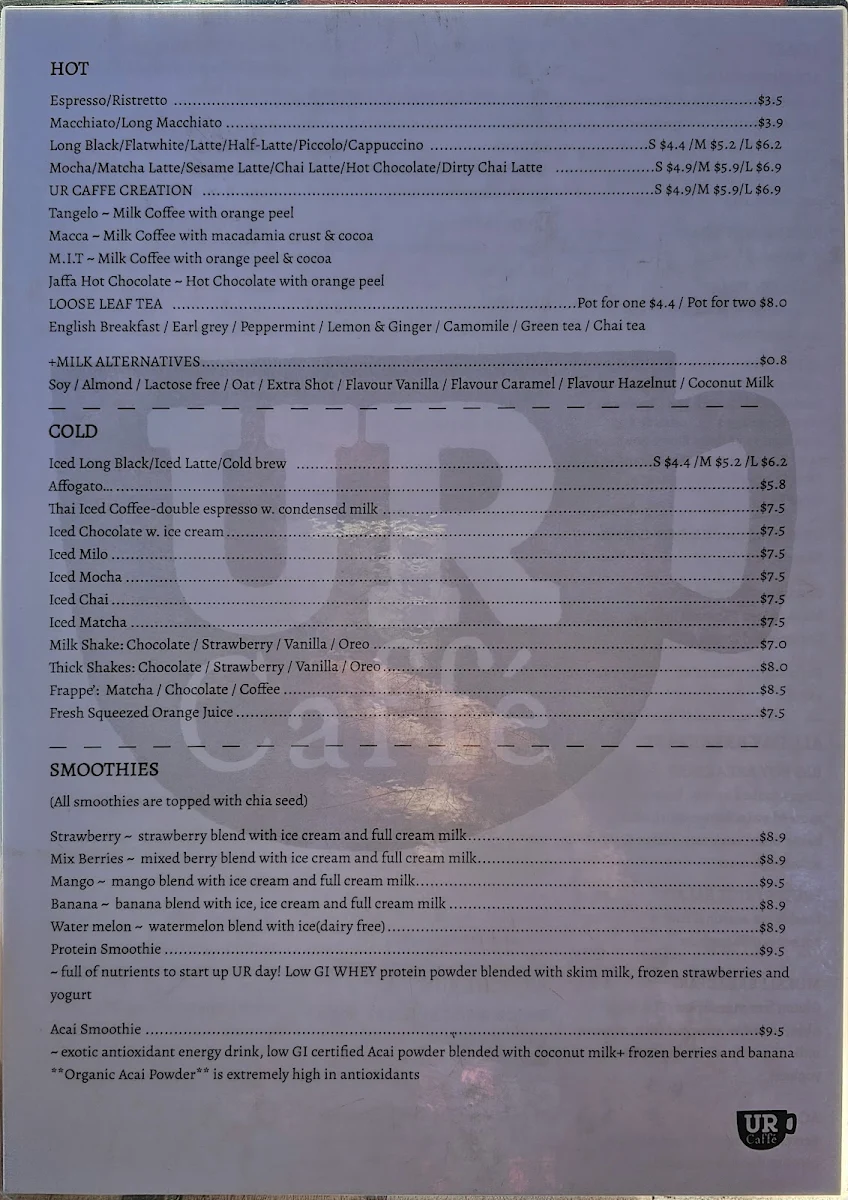 Menu, UR Caffe