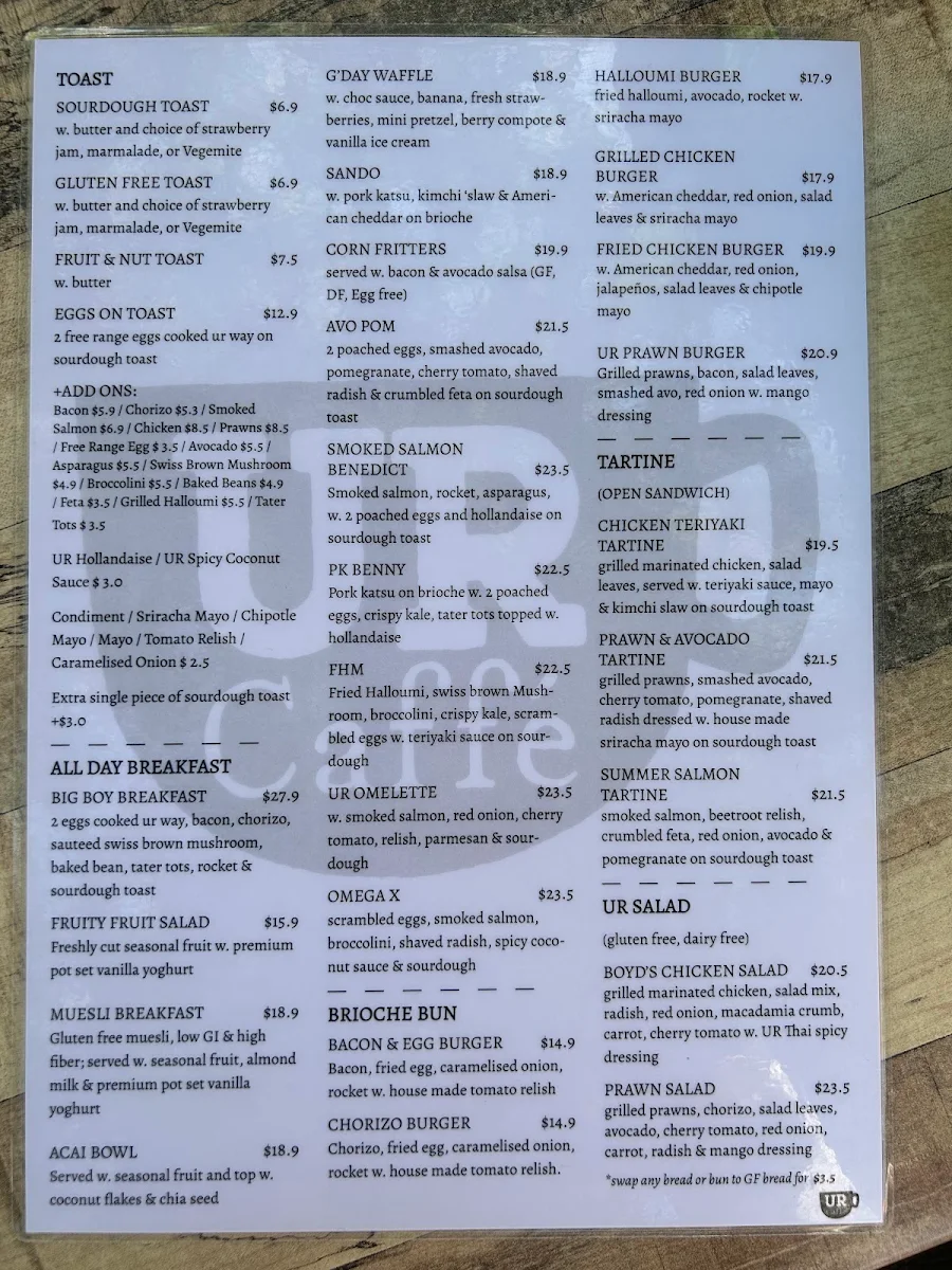 Menu, UR Caffe