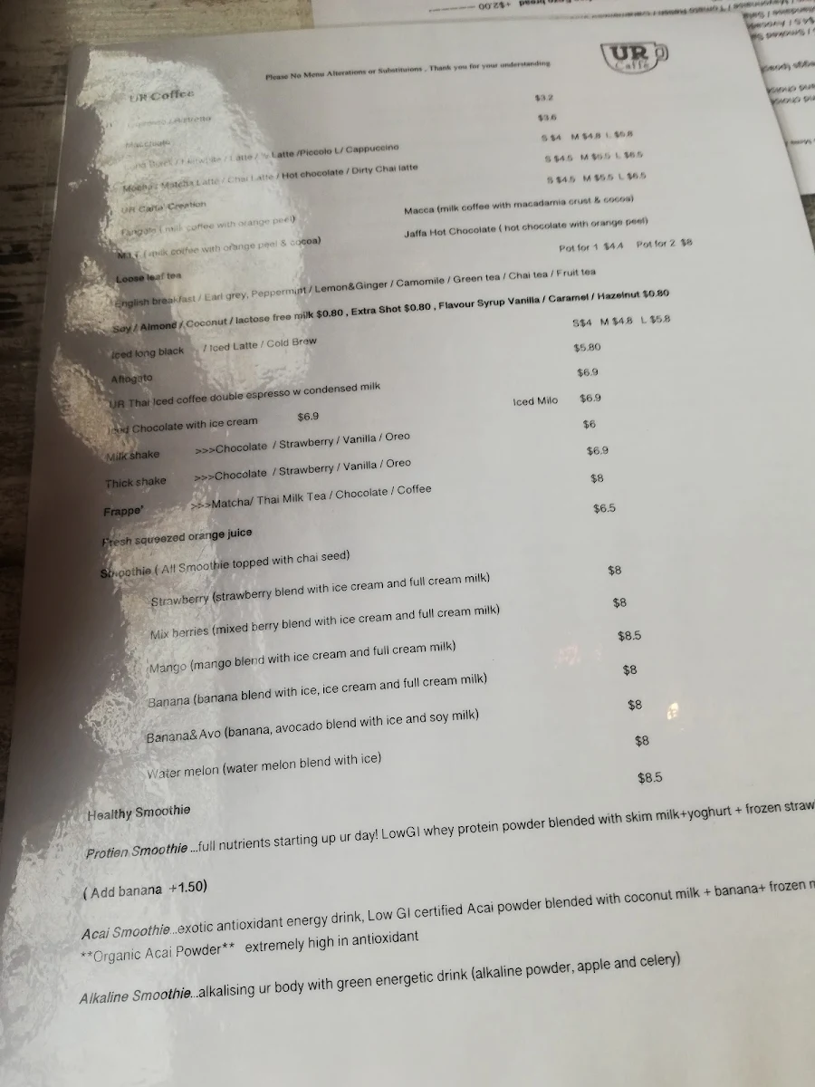 Menu, UR Caffe