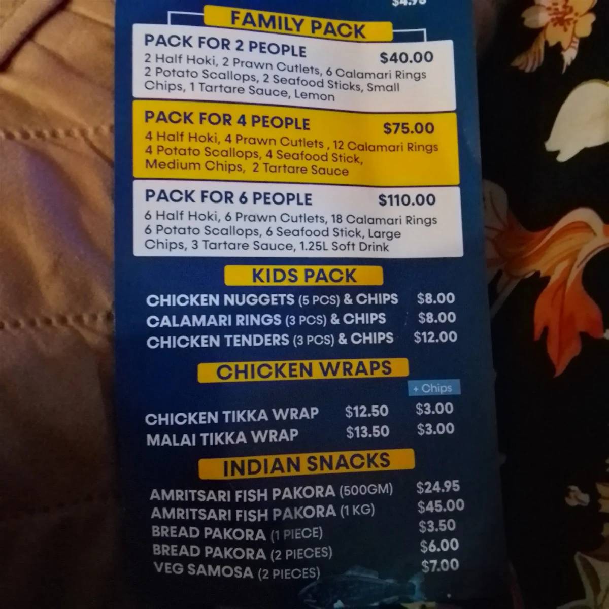 Menu, Ocean Bite Fish n Chips