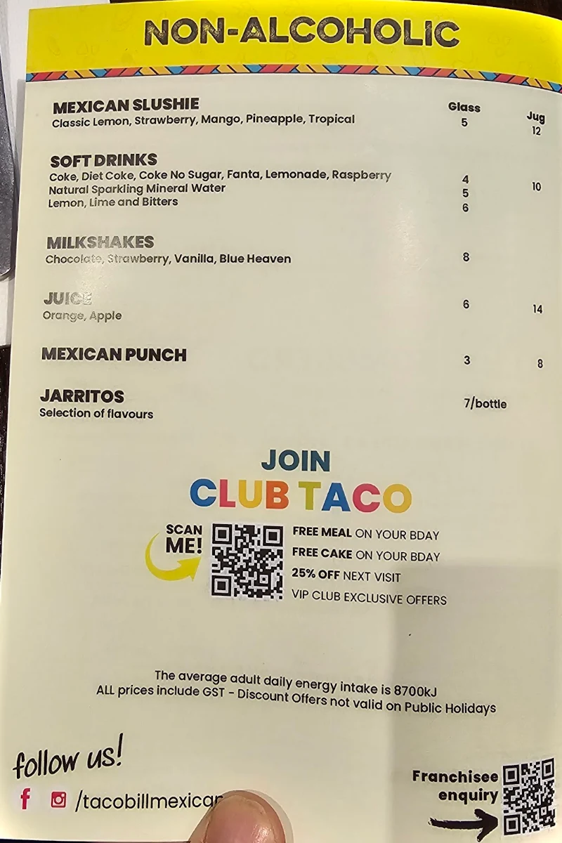 Menu, Taco Bill - Epping