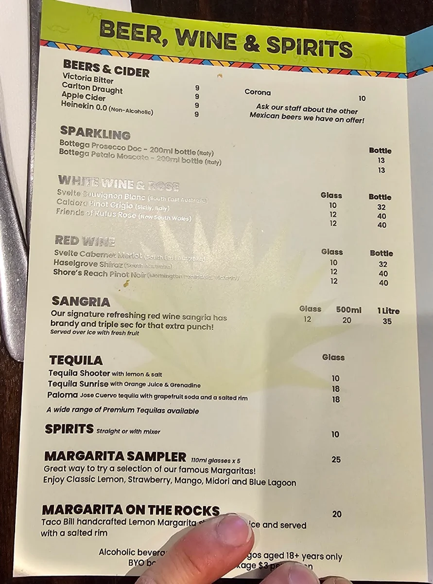 Menu, Taco Bill - Epping