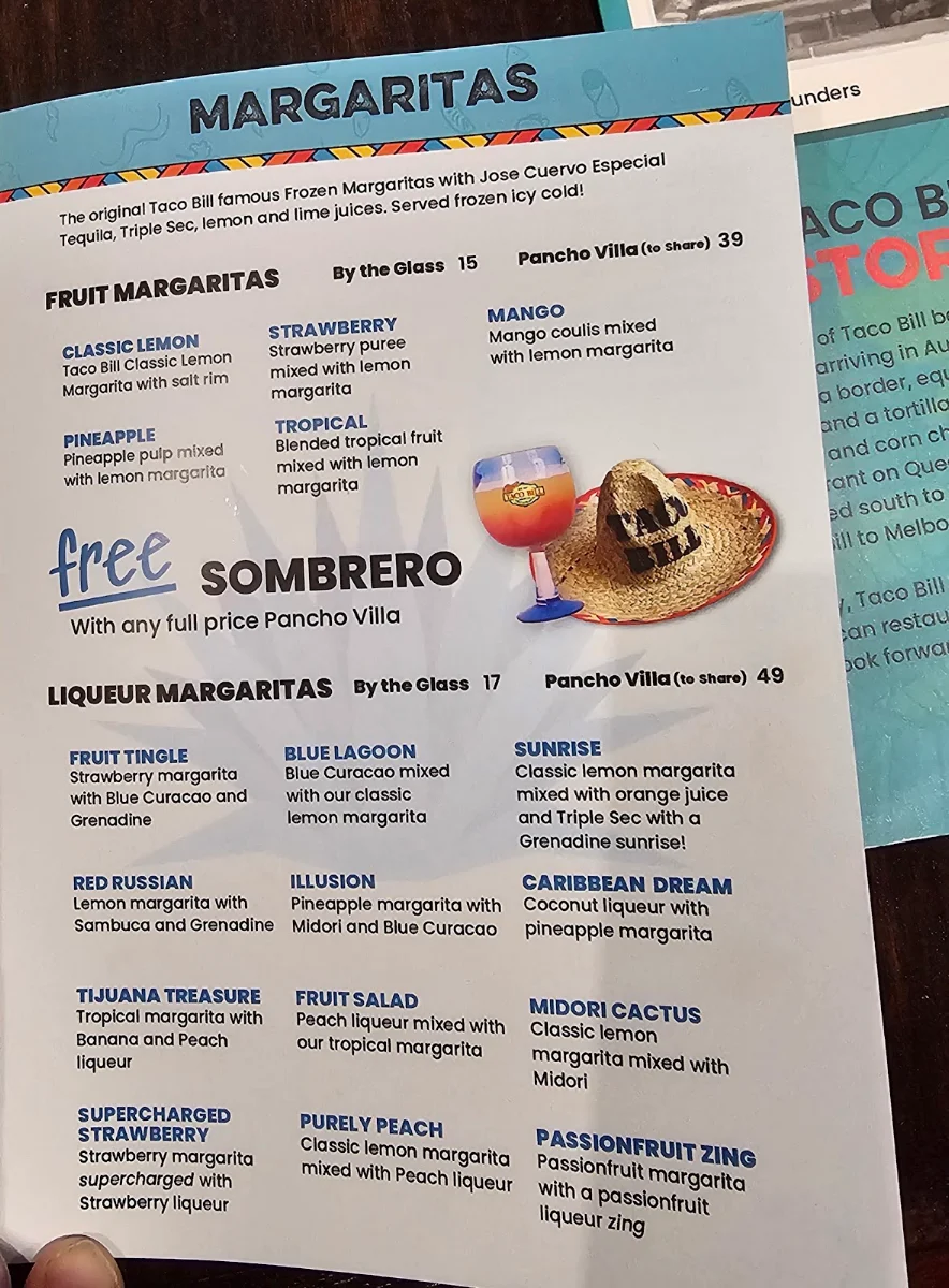 Menu, Taco Bill - Epping