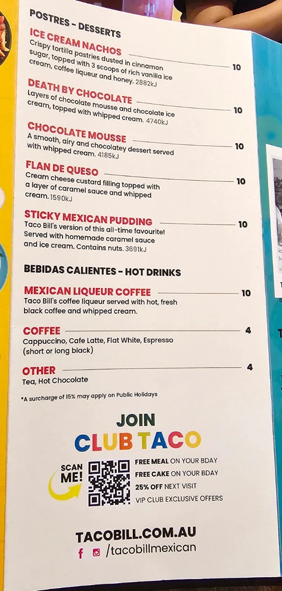Menu, Taco Bill - Epping