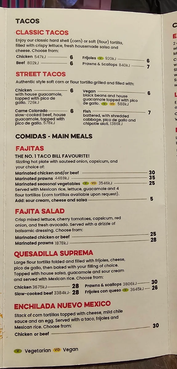 Menu, Taco Bill - Epping