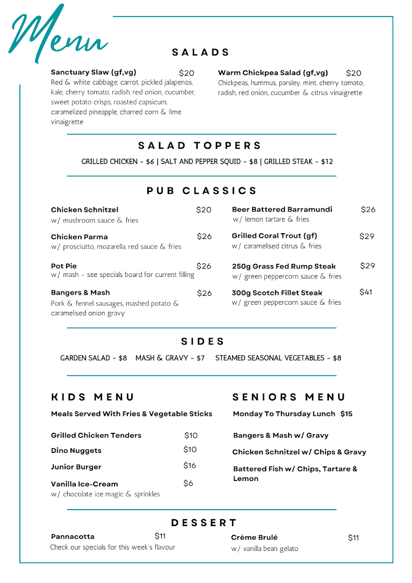 Menu, Cove Tavern & Corker Cellars Sanctuary Cove