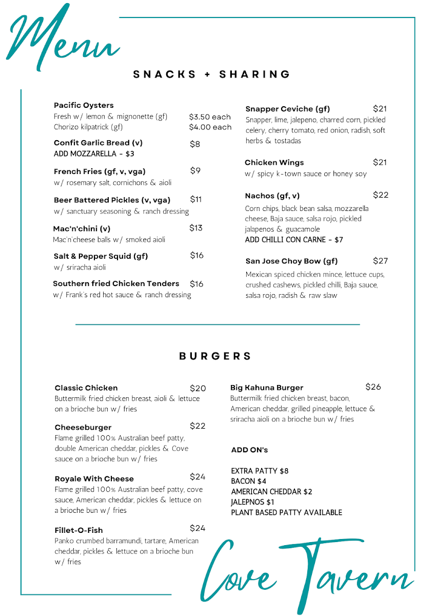 Menu, Cove Tavern & Corker Cellars Sanctuary Cove