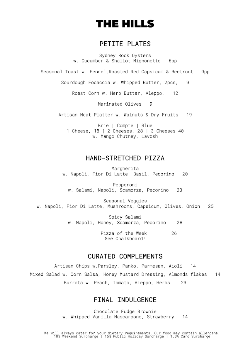 Menu, The Hills Wine Bar